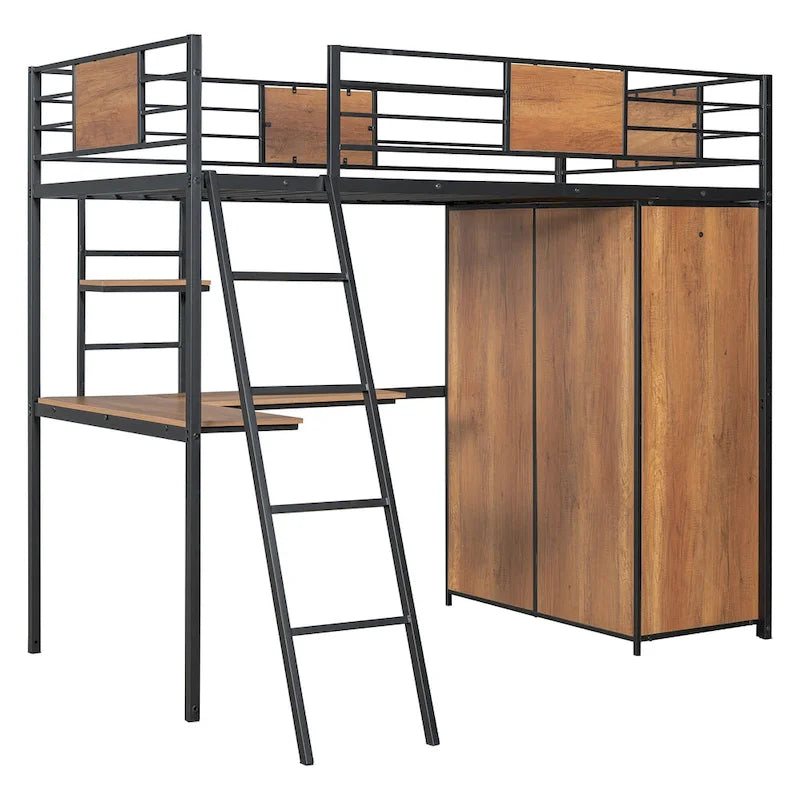 Metal Wood Loft Bed with L-Shape Desk, Wardrobe, Safety Rails and Ladder, Black/White