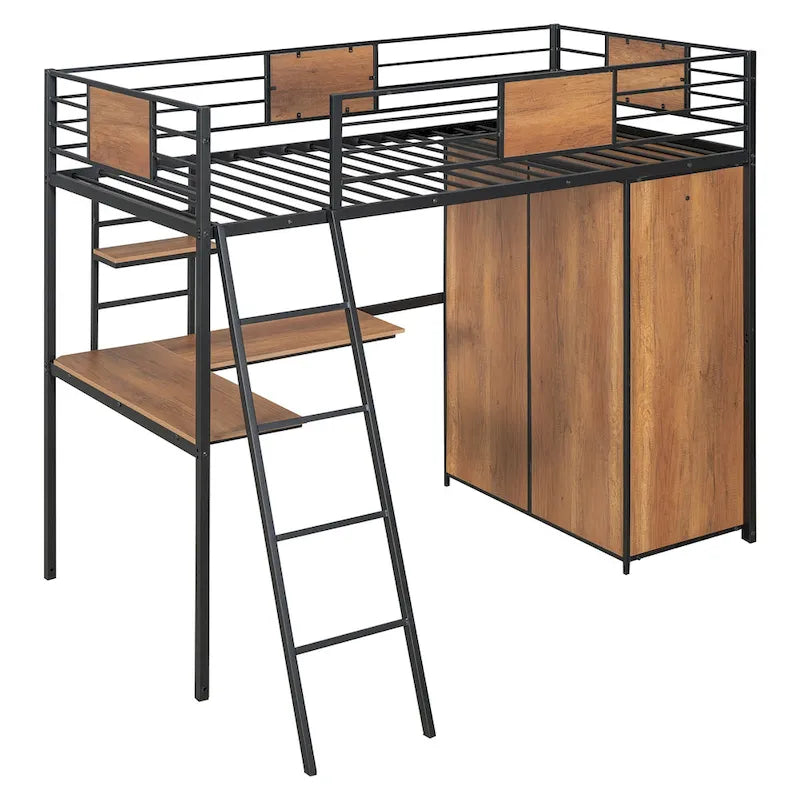 Metal Wood Loft Bed with L-Shape Desk, Wardrobe, Safety Rails and Ladder, Black/White