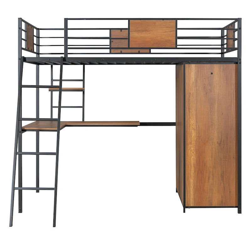 Metal Wood Loft Bed with L-Shape Desk, Wardrobe, Safety Rails and Ladder, Black/White