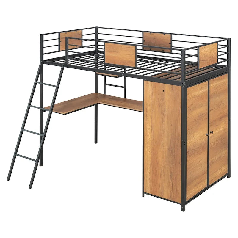 Metal Wood Loft Bed with L-Shape Desk, Wardrobe, Safety Rails and Ladder, Black/White