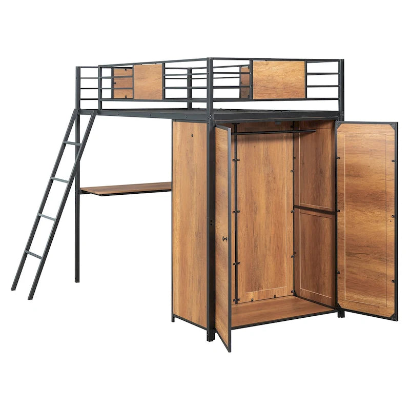 Metal Wood Loft Bed with L-Shape Desk, Wardrobe, Safety Rails and Ladder, Black/White