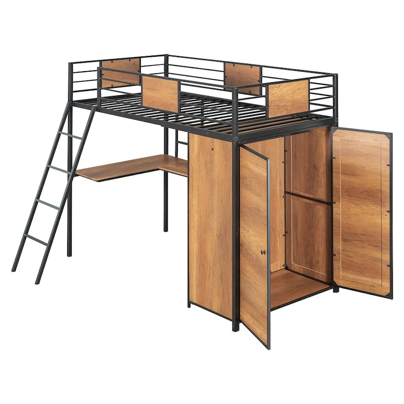 Metal Wood Loft Bed with L-Shape Desk, Wardrobe, Safety Rails and Ladder, Black/White