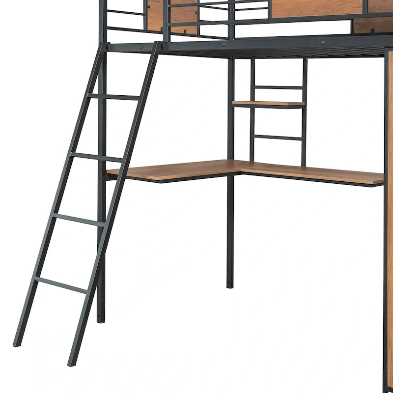 Metal Wood Loft Bed with L-Shape Desk, Wardrobe, Safety Rails and Ladder, Black/White
