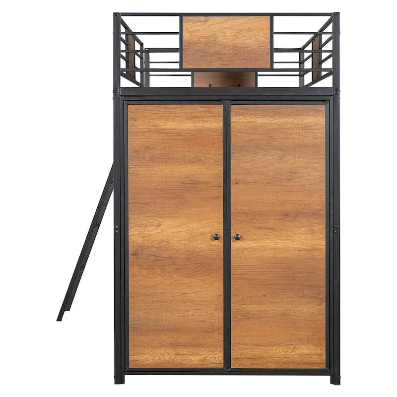 Metal Wood Loft Bed with L-Shape Desk, Wardrobe, Safety Rails and Ladder, Black/White