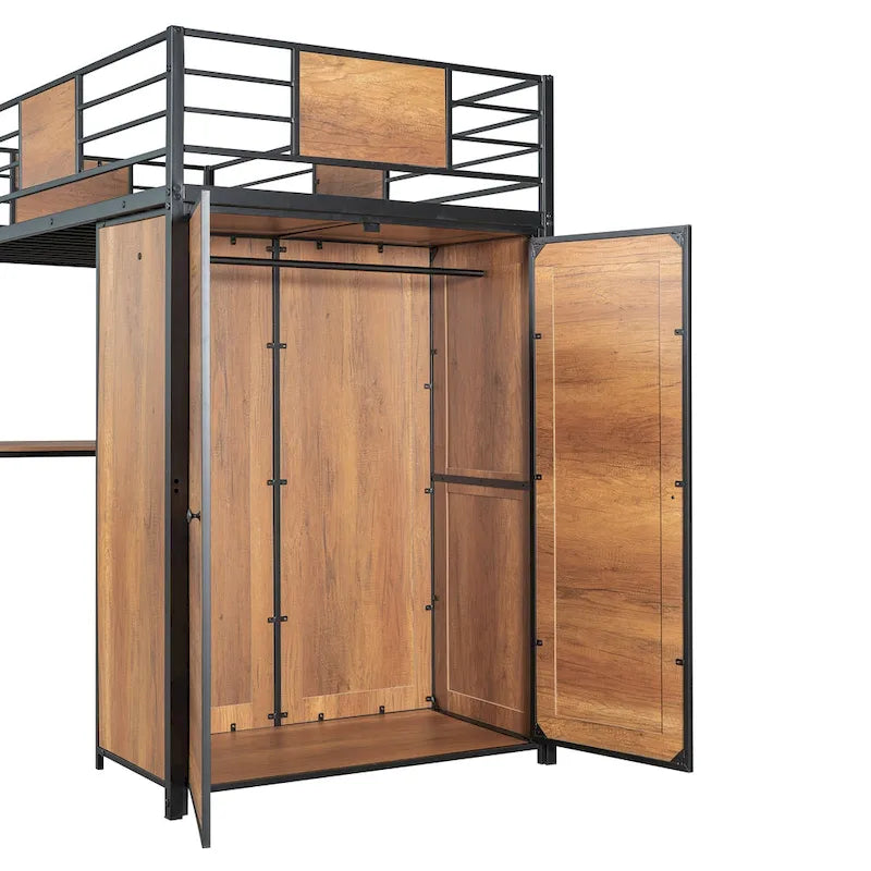 Metal Wood Loft Bed with L-Shape Desk, Wardrobe, Safety Rails and Ladder, Black/White
