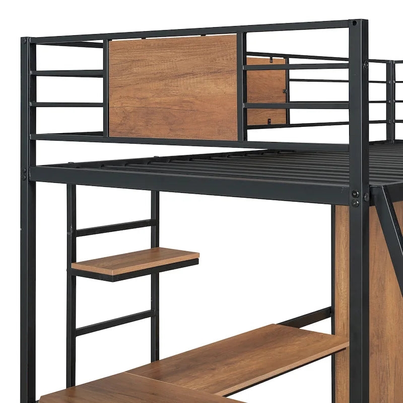 Metal Wood Loft Bed with L-Shape Desk, Wardrobe, Safety Rails and Ladder, Black/White
