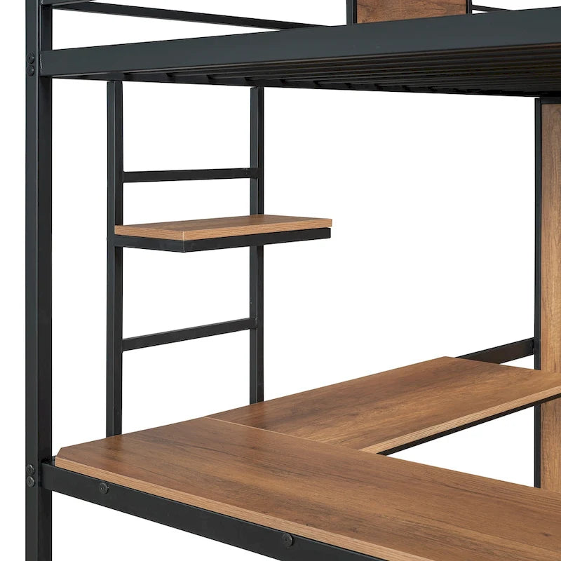 Metal Wood Loft Bed with L-Shape Desk, Wardrobe, Safety Rails and Ladder, Black/White