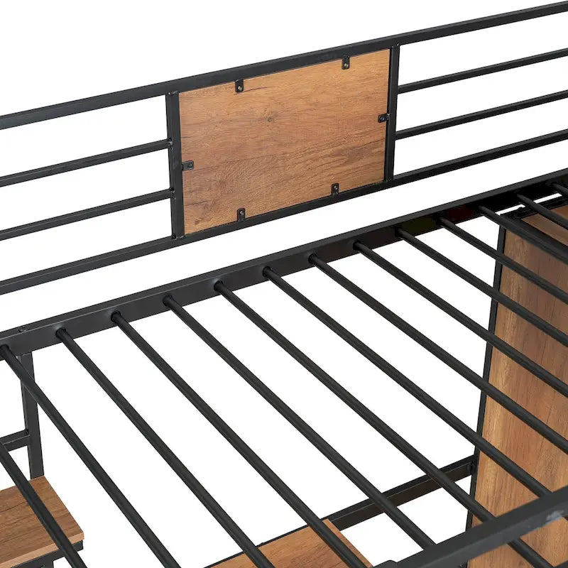 Metal Wood Loft Bed with L-Shape Desk, Wardrobe, Safety Rails and Ladder, Black/White