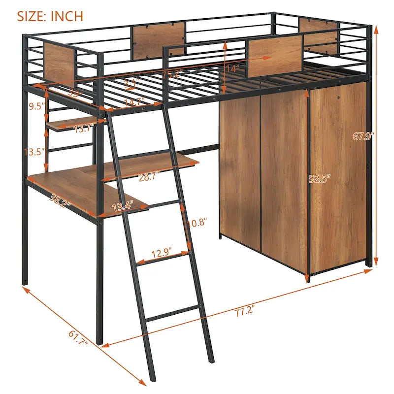 Metal Wood Loft Bed with L-Shape Desk, Wardrobe, Safety Rails and Ladder, Black/White