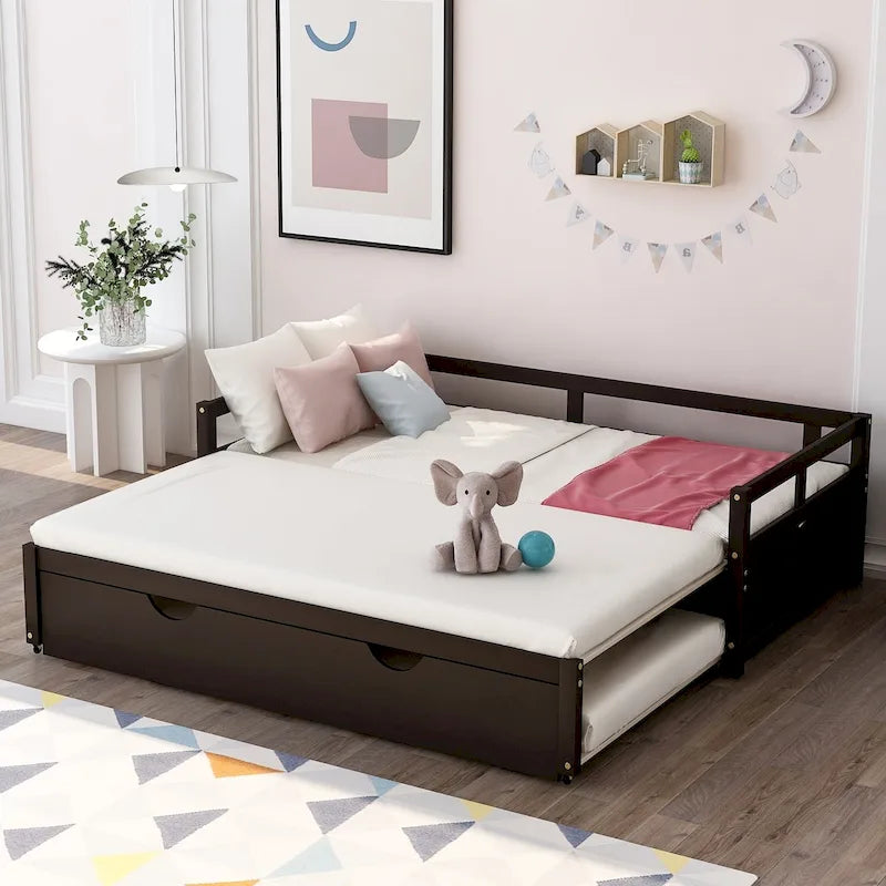 Espresso Pine Wood Twin Daybed with Pull-Out Trundle Solid Frame