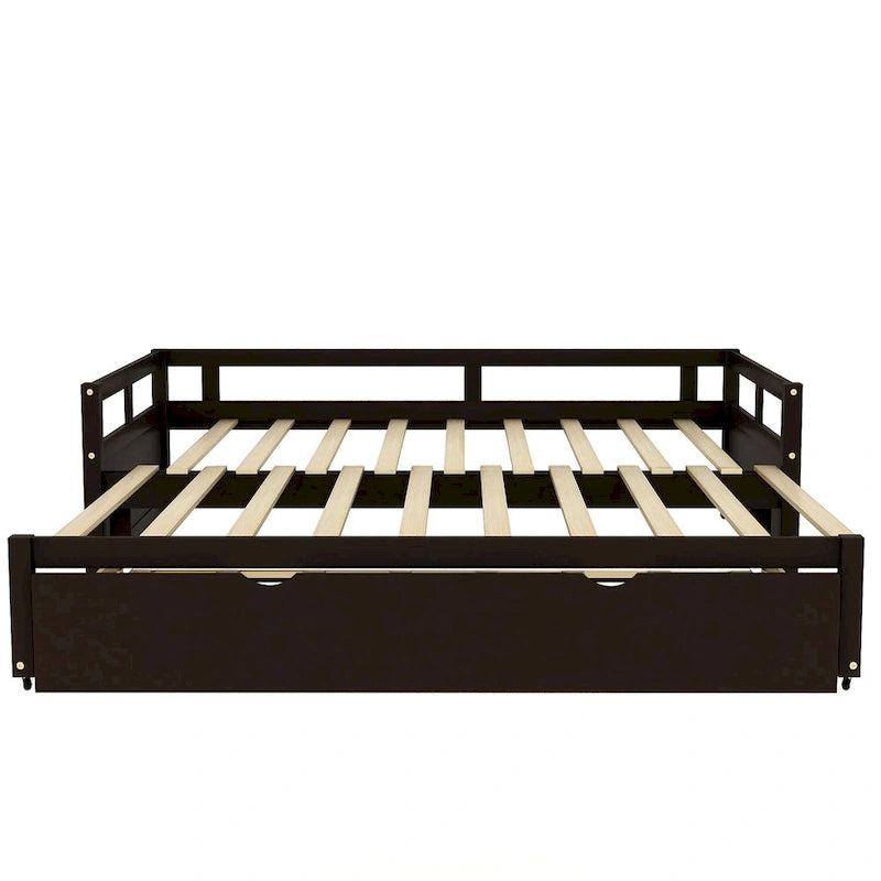 Espresso Pine Wood Twin Daybed with Pull-Out Trundle Solid Frame