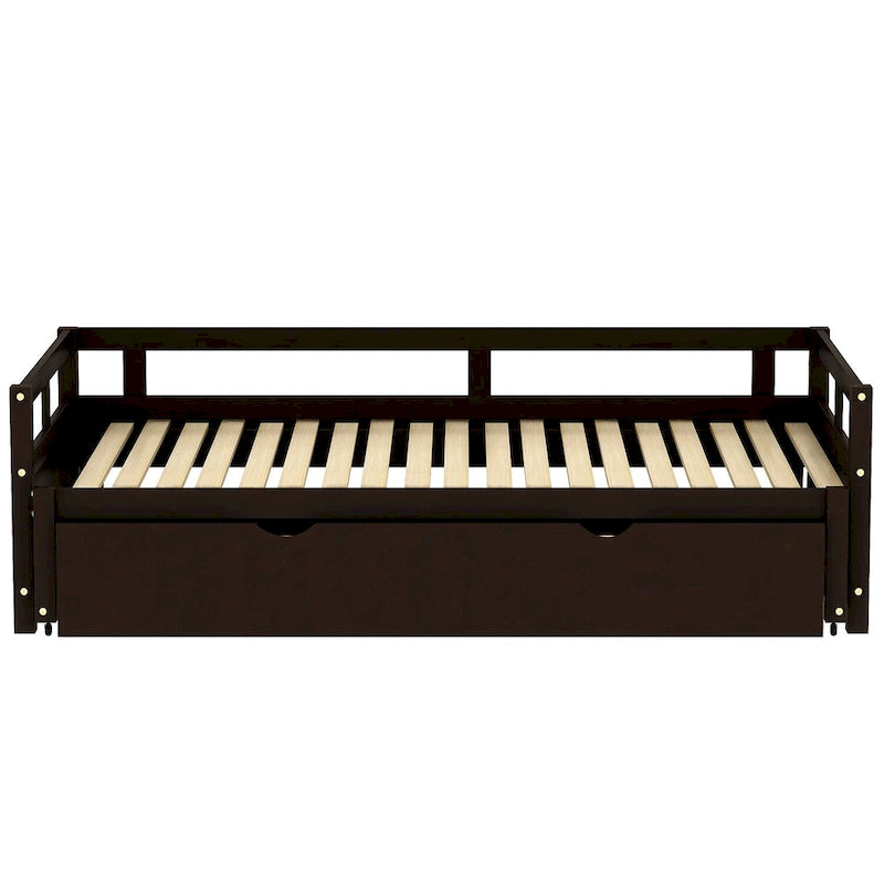 Espresso Pine Wood Twin Daybed with Pull-Out Trundle Solid Frame