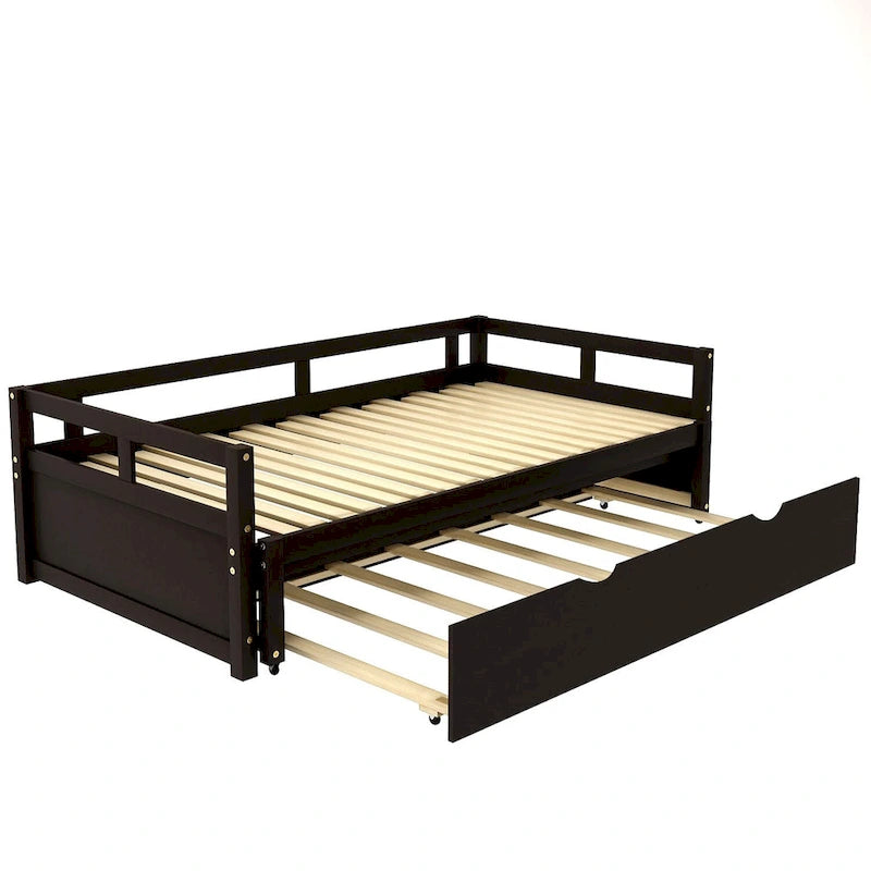 Espresso Pine Wood Twin Daybed with Pull-Out Trundle Solid Frame