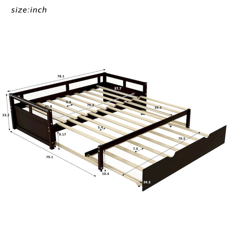 Espresso Pine Wood Twin Daybed with Pull-Out Trundle Solid Frame