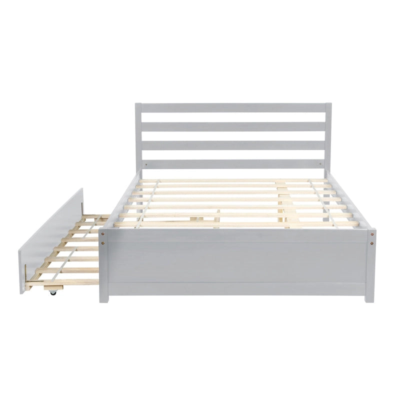 Gray Solid Pine Full Size Platform Bed Frame with Headboard and Pull-Out Trundle