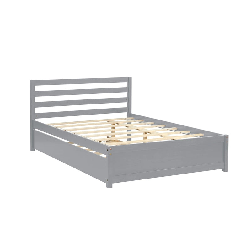 Gray Solid Pine Full Size Platform Bed Frame with Headboard and Pull-Out Trundle