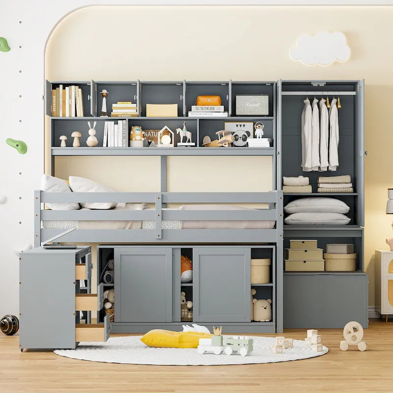 Gray Full Size Wooden Loft Bed with Wardrobe, Rolling Desk, and Storage Stairs