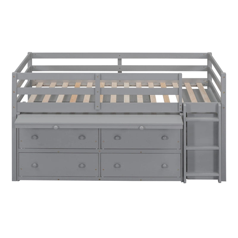 Gray Twin Solid Wood Loft Bed with Retractable Desk, 4 Drawers and Side Shelves