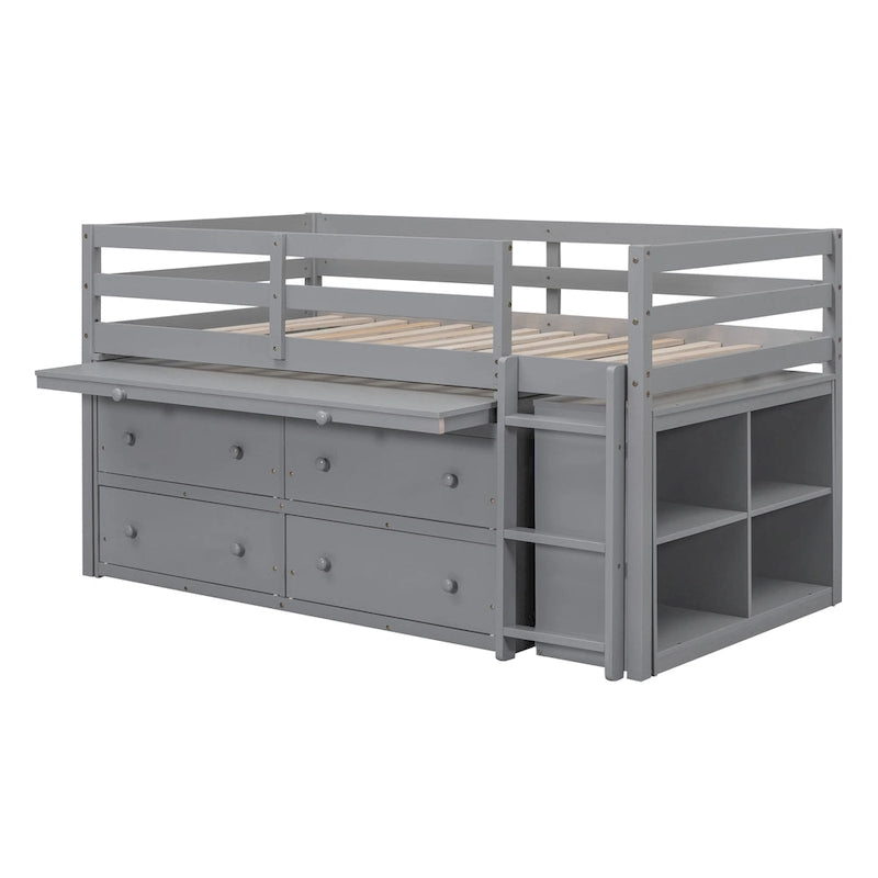 Gray Twin Solid Wood Loft Bed with Retractable Desk, 4 Drawers and Side Shelves