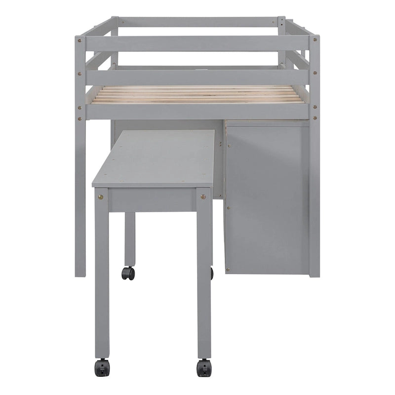 Gray Twin Solid Wood Loft Bed with Retractable Desk, 4 Drawers and Side Shelves