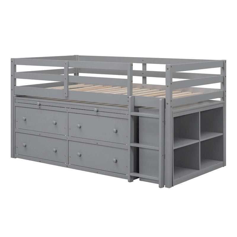 Gray Twin Solid Wood Loft Bed with Retractable Desk, 4 Drawers and Side Shelves