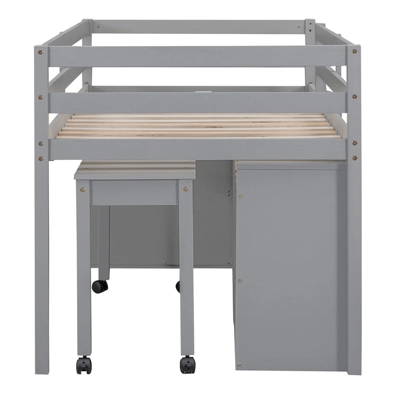 Gray Twin Solid Wood Loft Bed with Retractable Desk, 4 Drawers and Side Shelves