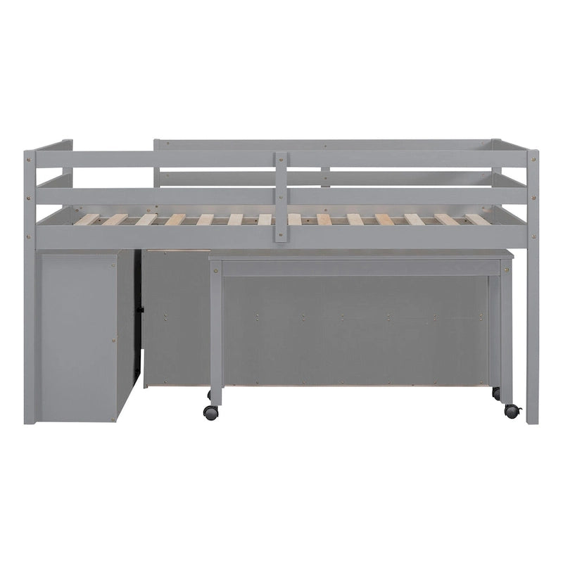 Gray Twin Solid Wood Loft Bed with Retractable Desk, 4 Drawers and Side Shelves