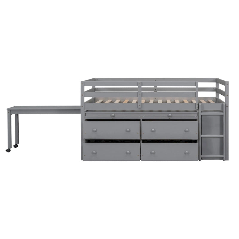 Gray Twin Solid Wood Loft Bed with Retractable Desk, 4 Drawers and Side Shelves