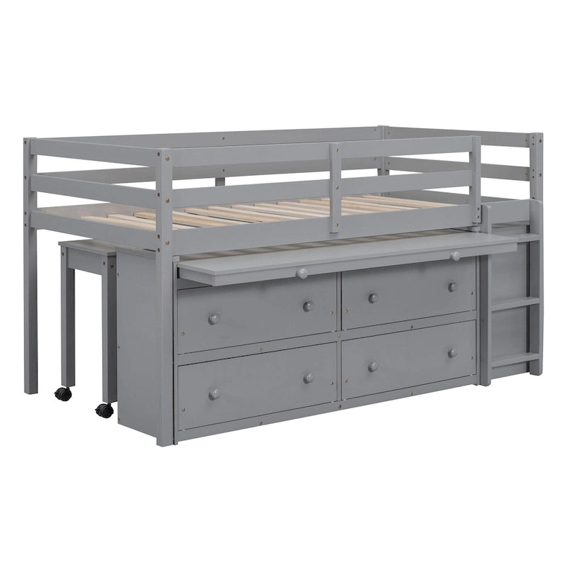 Gray Twin Solid Wood Loft Bed with Retractable Desk, 4 Drawers and Side Shelves