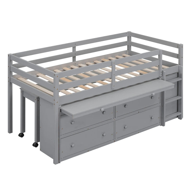 Gray Twin Solid Wood Loft Bed with Retractable Desk, 4 Drawers and Side Shelves