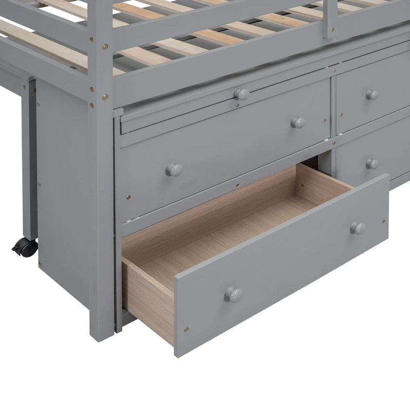 Gray Twin Solid Wood Loft Bed with Retractable Desk, 4 Drawers and Side Shelves