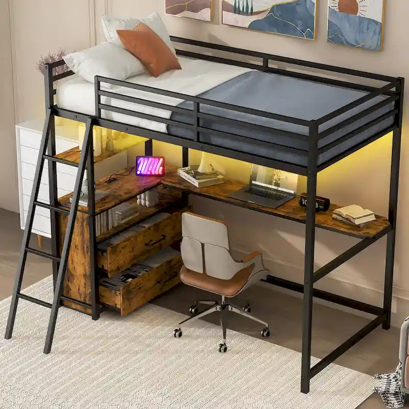 Black Metal Wood Loft Bed with Desk, Drawers, LED Lights and USB Charging