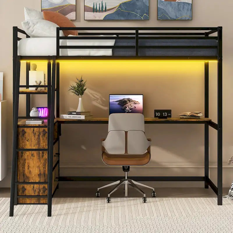 Black Metal Wood Loft Bed with Desk, Drawers, LED Lights and USB Charging
