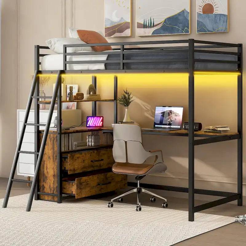 Black Metal Wood Loft Bed with Desk, Drawers, LED Lights and USB Charging