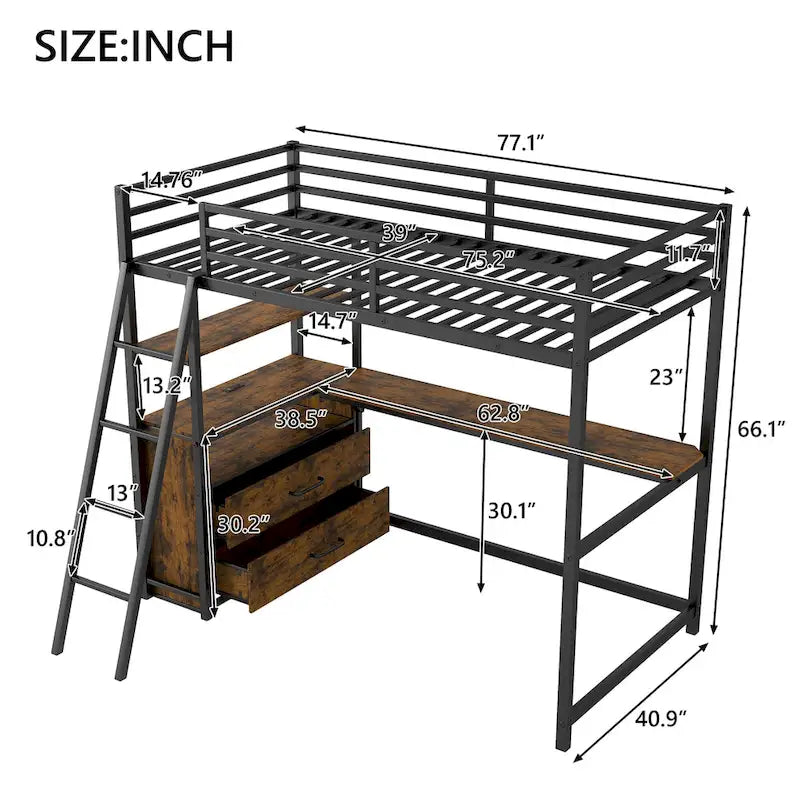 Black Metal Wood Loft Bed with Desk, Drawers, LED Lights and USB Charging