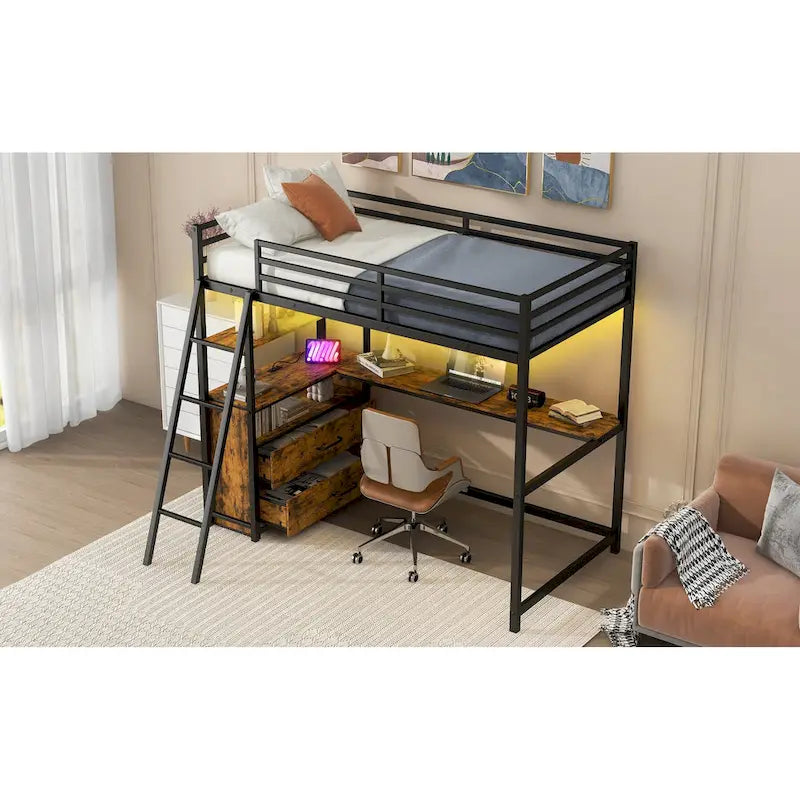 Black Metal Wood Loft Bed with Desk, Drawers, LED Lights and USB Charging