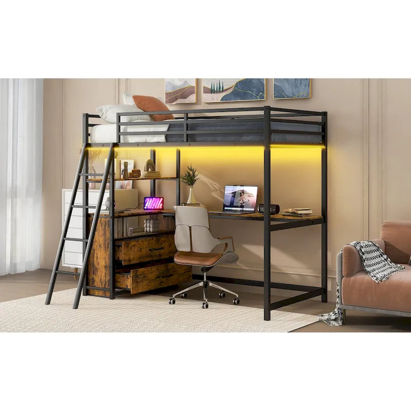 Black Metal Wood Loft Bed with Desk, Drawers, LED Lights and USB Charging