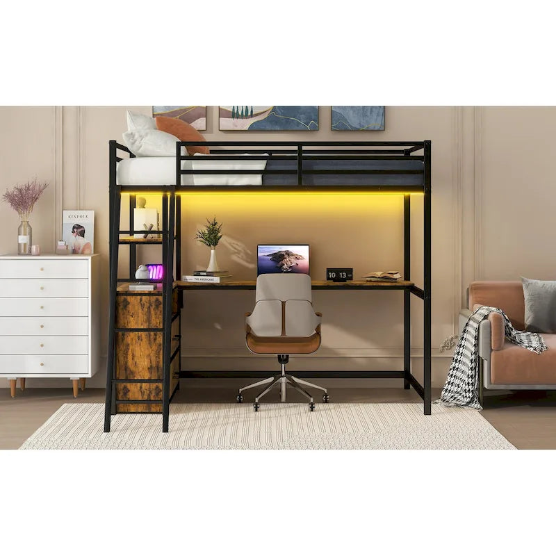 Black Metal Wood Loft Bed with Desk, Drawers, LED Lights and USB Charging