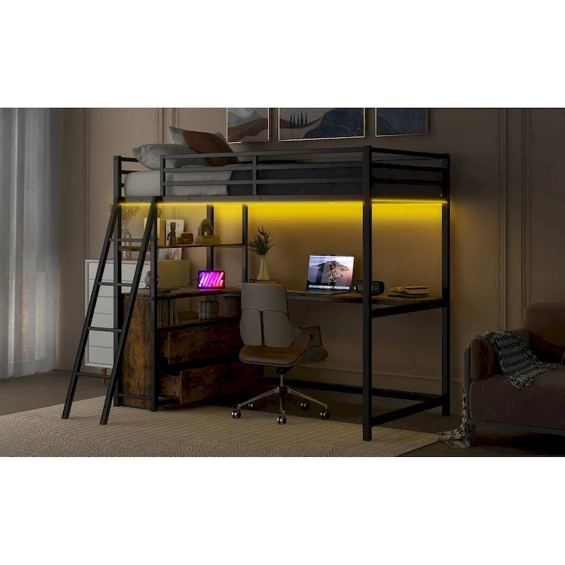 Black Metal Wood Loft Bed with Desk, Drawers, LED Lights and USB Charging