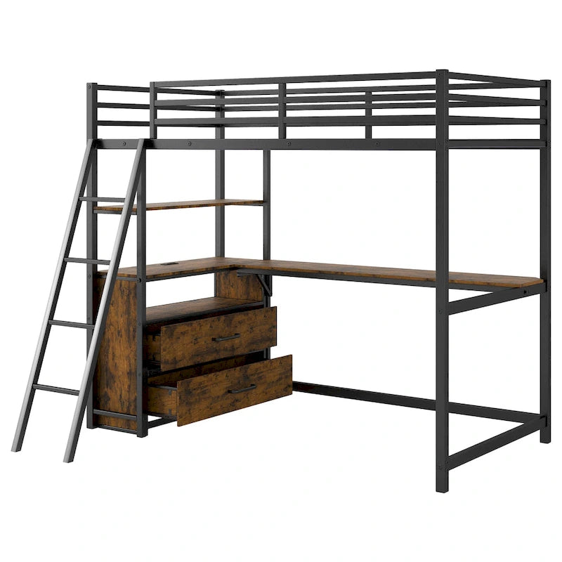 Black Metal Wood Loft Bed with Desk, Drawers, LED Lights and USB Charging