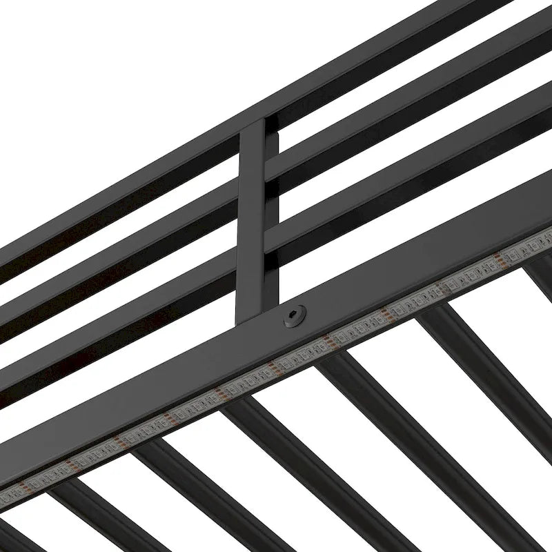 Black Metal Wood Loft Bed with Desk, Drawers, LED Lights and USB Charging
