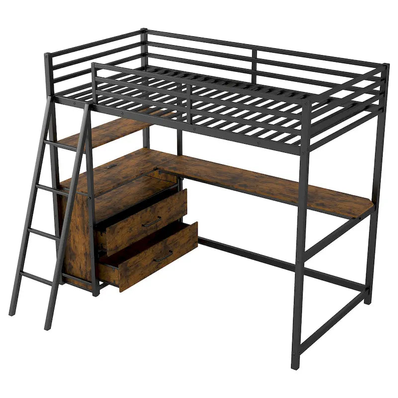 Black Metal Wood Loft Bed with Desk, Drawers, LED Lights and USB Charging