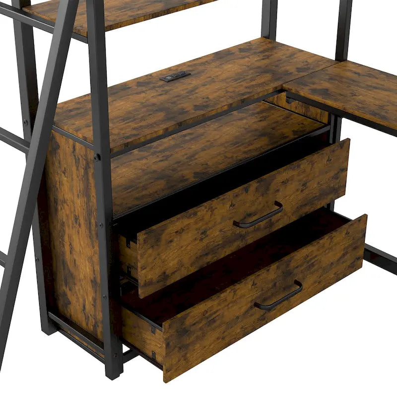 Black Metal Wood Loft Bed with Desk, Drawers, LED Lights and USB Charging