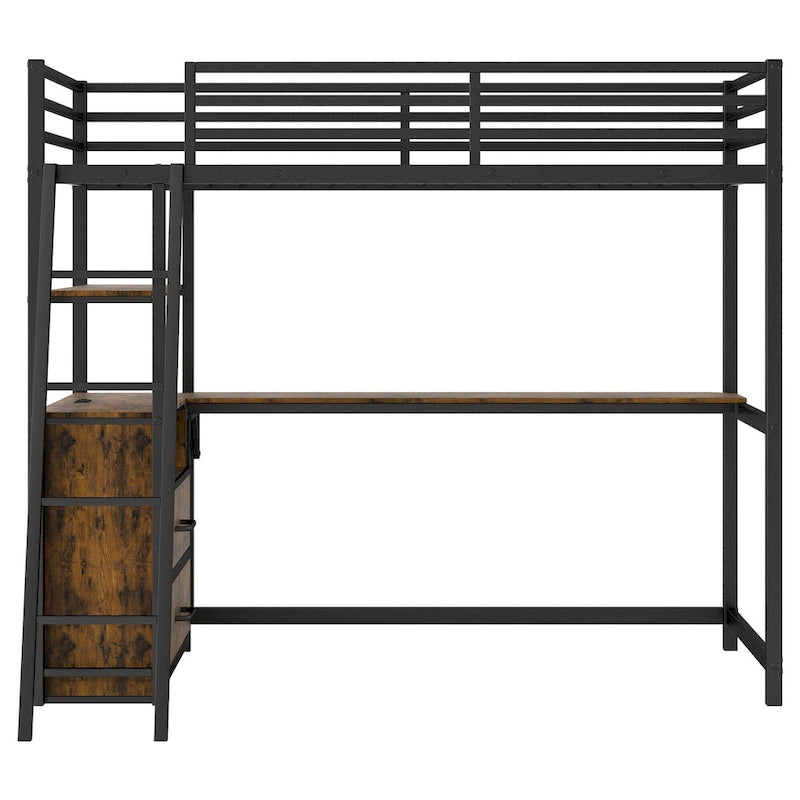 Black Metal Wood Loft Bed with Desk, Drawers, LED Lights and USB Charging