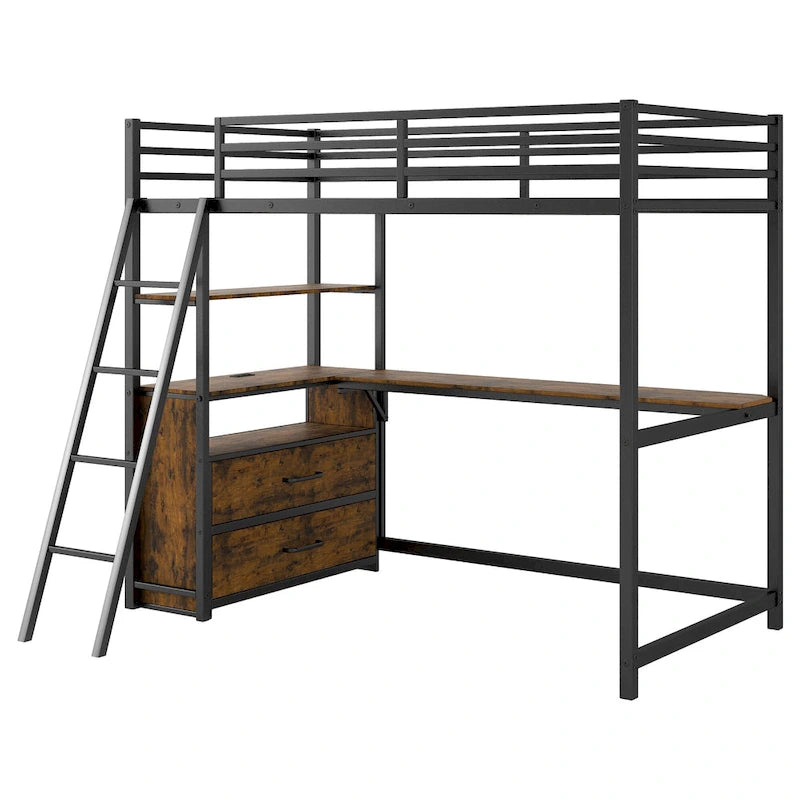 Black Metal Wood Loft Bed with Desk, Drawers, LED Lights and USB Charging