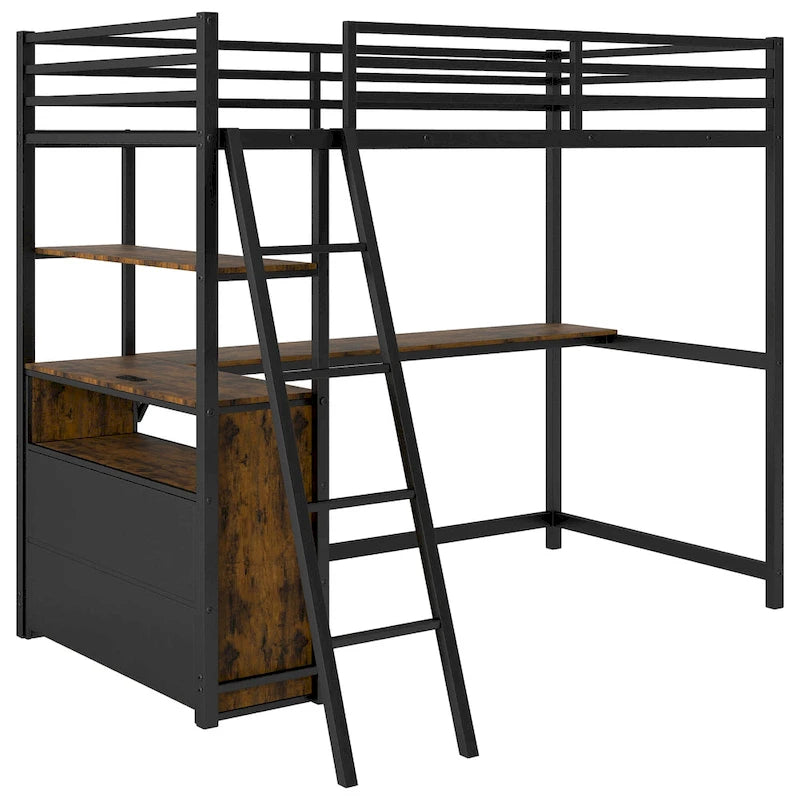Black Metal Wood Loft Bed with Desk, Drawers, LED Lights and USB Charging