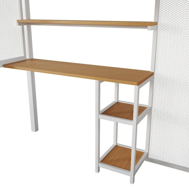 White Metal Full Size Loft Bed with Desk, Wardrobe, and Storage Staircase