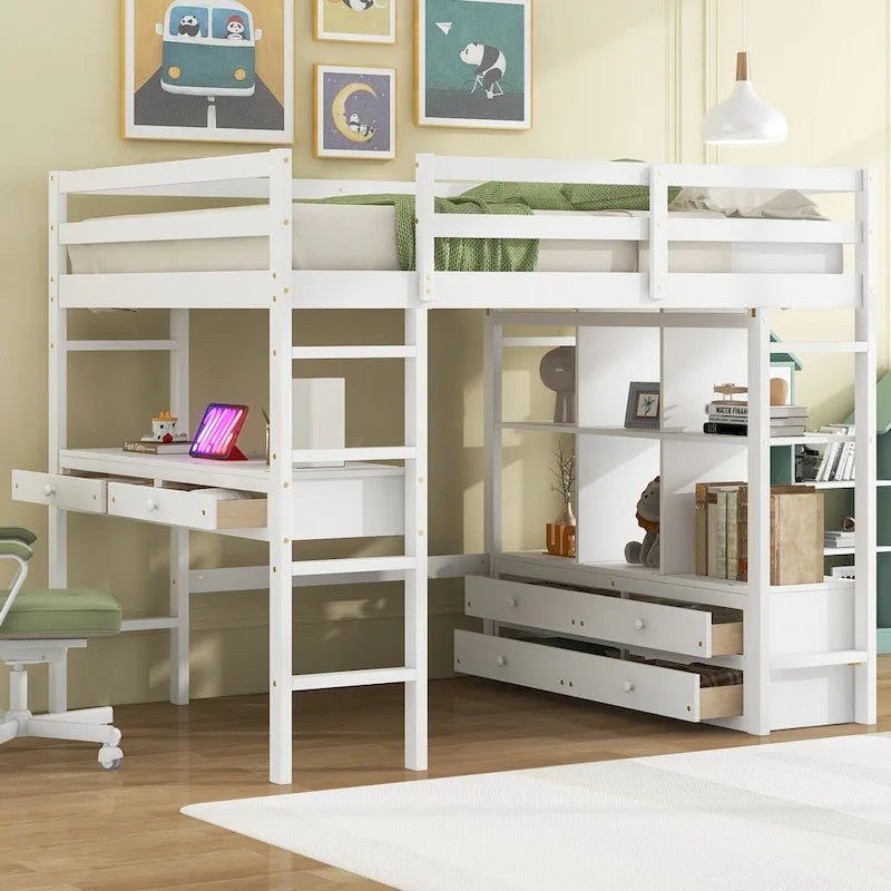 White Pine Full Loft Bed with Built-in Desk and Storage Drawers