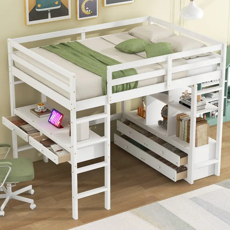 White Pine Full Loft Bed with Built-in Desk and Storage Drawers