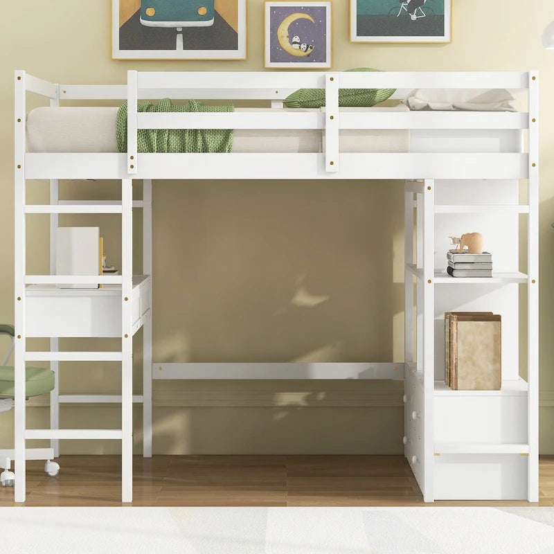 White Pine Full Loft Bed with Built-in Desk and Storage Drawers